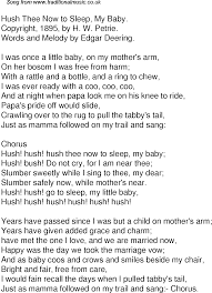 Old Time Song Lyrics For 53 Hush Thee Now To Sleep My Baby