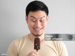 Funny Face Man Eat Chocolate Vanilla Ice Pop Stock Photo