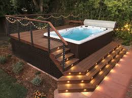 What An Amazing Hottub Area This Customer From Modesto Ca Used Our Bronze Aluminum Railing System With An Ipe Hot Tub Outdoor Hot Tub Backyard Hot Tub Patio