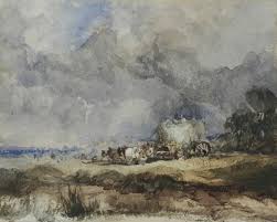 His early style was hard and dry, based on the work of the topographers in its neutral colour and tight handling. David Cox Attributed The Hayfield Radnorshire Fine Arts Ltd