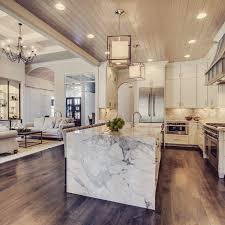 This Marble Waterfall Island Was A Hit In Our Parade Home Waterfallisland Tennesseevalleyhomes Customhomebuild Sweet Home White Marble Kitchen House Design