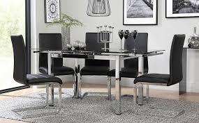 Any table finish chrome clear glass gloss lacquered light wood oak stainless steel veneer. Space Chrome And Black Glass Extending Dining Table With 6 Perth Black Leather Chairs Furniture And Choice