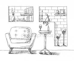 Elle Cizilmis Sandalye Resepsiyon Raflar Ile Duvarindaki Nis Bir Cam Ve Cicek Vazo Tablodur Kitaplar Ve D How To Draw Hands Stock Illustration Illustration