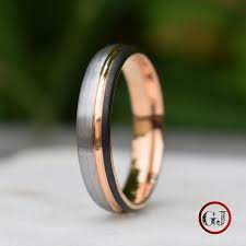 Domed 5mm Tungsten Ring Black And Silver Brushed With Rose Etsy Rose Gold Mens Wedding Band Rose Gold Accents Black Rings