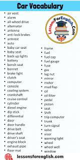 60 Car Vocabulary Car Words List Air Vent Alarm All Wheel Drive Alternator Antenna Anti Lock Brakes Armrest Aut In 2020 Vocabulary English Vocabulary Words Word List