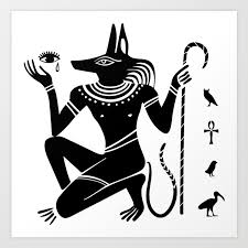 The ankh is a cross with a looped top. Ancient Egyptian God Anubis With A Dog Head And Ancient Egyptian Symbols Black And White Art Print By Zatmeniee Society6