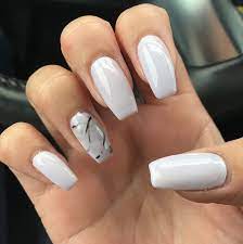 Our next short acrylic nail idea is funky and unique! Light Grey Marble Nails Nails Grey Acrylic Nails Trendy Nails