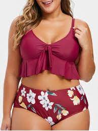 Ruffles Contrast Floral Knotted Plus Size Tankini Swimsuit Swimsuits For Big Bust Plus Size Tankini Swimwear Fashion