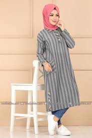 Modaselvim Tunik Cizgili Tesettur Tunik 5738mp186 Haki Tunik Kadin Modasi Elbiseler Gomlek Elbise