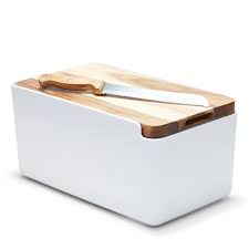 A wooden bread box is likely unsuitable—the wood may expand as it absorbs humidity, making it difficult to close or open the lid. Hudson Bread Bin With Wooden Cutting Board White Food Containers Salt Pepper