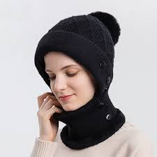 Women One-piece Hat Scarf Warm Knitted Hat Plus Velvet Overhead Cap(Pink)
