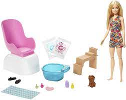 Amazon.com: Barbie 芭比Mani-Pedi Spa 玩具組附金髮娃娃小狗足浴& 配件2 個氣泡包創造泡沫足浴娃娃指甲變色送給3 至7  歲兒童的禮物: