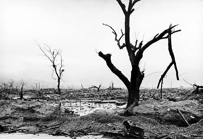 Historical black and white photograph depicting the aftermath of the atomic bombing of Hiroshima.