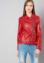 Belted Leather Biker Jacket Red Fashion Faballey Jacket Bikerjacket Winterwear Winters Leather Jacket Girl Leather Jackets Online Leather Jackets Women