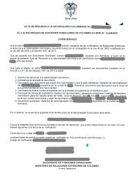 Nacionalidad jurídica, administrativa o de pasaporte: Acta De Renuncia A La Nacionalidad Colombiana Musterubersetzungen Von Urkunden