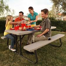 This folding picnic tables with benches has a hole in the center of the table that can hold an umbrella so that you can get away from sunlight to enjoy the best moment on your trip. Lifetime 42119 Putty Plastic 6 Folding Picnic Table On Sale With Fast Free Shipping 60228