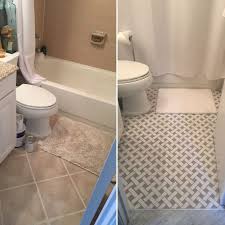 Guest Sara S Bathroom Makeover Tile Floors Painted In Chalk Paint Spray Paint Before Ha Painting Bathroom Tiles Bathroom Tile Diy Painting Tile Floors