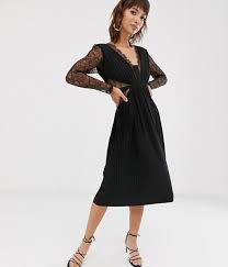 Asos bridesmaid dress navy blue long sleeve gown lace chiffon us 6 formal. Asos Design Lace And Pleat Long Sleeve Midi Dress Black Myonewedding Co Uk