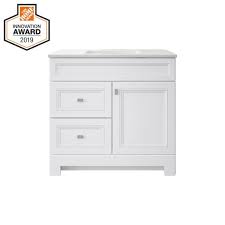 Most bathroom vanities come in more neutral colors like white, brown or gray, but if you're really hoping to make your space stand out, opt for a statement hue like blue. Home Decorators Collection Sedgewood 36 1 2 In Configurable Bath Vanity In White With Solid Surface Top In Arctic With White Sink Pplnkwht36d The Home Depot