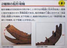 大阪歴史博物館展示 ２種類の船形埴輪 船形埴輪は5世紀前半の例が多く いずれもが船底に丸木舟を用い 舷側に板材を組合わせた 準構造船である 船の両端が二股に分かれる二体成形船 高廻り2号墳例 左 と 船底の突出をなくした一体成形船 高廻り1号墳例 右 とが