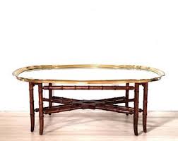 Measures 41.5in diameter x 18in. 499 Vintage Coffee Table Baker Regency Tray Top Brass Glass Scallop Edge Faux Bamboo Cocktail Table Chinoi Bamboo Furniture Coffee Table Vintage Faux Bamboo