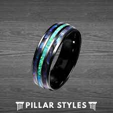Black Tungsten Wedding Band Mens Opal Ring 8mm Tungsten Ring Etsy Mens Wedding Bands Tungsten Blue Opal Ring Rings Mens Wedding Bands