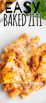 Easy Baked Ziti Is An Easy Weeknight Meal Tender Ziti Pasta With Ricotta And Mozzarella Cheese And Tomato Sauce Smot In 2021 Ziti Recipes Baked Ziti Recipe Baked Ziti