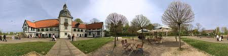 'wasserschloss haus rodenberg' is a part of a medieval castle surrounded by a moat and lake in the south dortmund aplerbeck district first documented in 1290 when it was owned. 360 Widescreen Panorama Wasserschloss Haus Rodenberg Dortmund