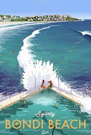 Bondi Beach Sydney Travel Posters Surf Drawing Vintage Travel Posters