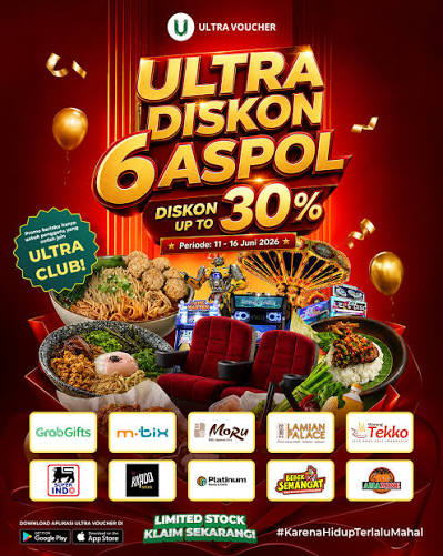🔥 ULTRA DISKON 6ASPOL IS HERE! 🔥 Saatnya berburu voucher favorit dengan  diskon hingga 30% OFF hanya di Ultra Voucher! 🎉 📅 11 - 16 Juni 2026 ⏰  Restock setiap hari jam