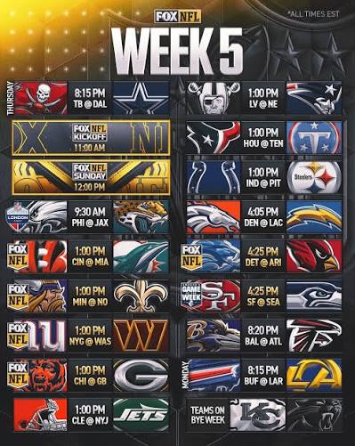 Week 5 of the NFL regular season is upon us! How many points is your team  dropping on their opponent this week?