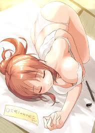 shunichi, abe nana, idolmaster, idolmaster cinderella girls, highres, 10s,  1girl, blush, breasts, brown hair, closed eyes, female focus, futon, long  hair, lying, marker, on side, panties, ponytail, sleeping, solo, tanabata,  tanzaku, tatami,