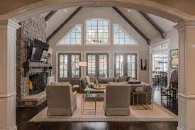 Great Room Vaulted Ceiling With Beams And Windows Vaulted Living Rooms Vaulted Ceiling Living Room Great Rooms
