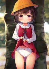 honjou puni, original, highres, 1girl, against tree, blush, bow, bow panties,  brown hair, cameltoe, clothes lift, female focus, gluteal fold, hair  ornament, hairclip, hat, lifted by self, loli, looking at viewer, open