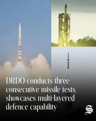 DRDO conducted three consecutive flight-tests, demonstrating multi-layered defence against long-range ballistic missiles and anti-ship capability at medium range. Defence Minister Rajnath Singh tweets, "The interceptors successfully engaged their ...
