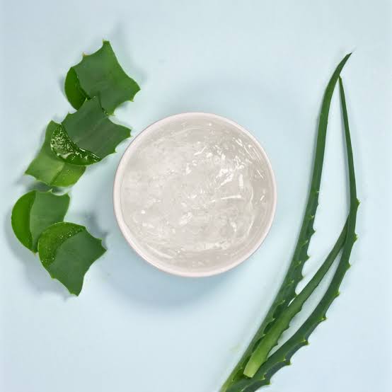 flat-lay of gel ingredients (aloe leaf, glycerin bottle)