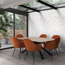 A mix of stationery & swivel dining chairs brings dynamic seating style to your space, with comfort & mobility. Industrial Oak Dining Table With 6 Orange Velvet Dining Chairs Carson Furniture123