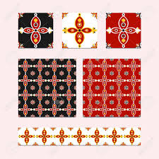 Did you scroll all this way to get facts about red moroccan tile? Vector Set Of 3 Ceramic Tiles 2 Tiled Patterns And Border Design In Black Red White And Yellow Colors Spanish Azulejo Or Moroccan Mosaic Ornament Elements For Background Floor And Wallpaper Royalty
