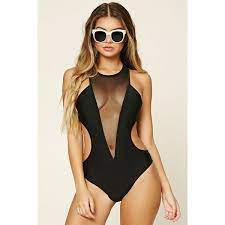Forever21 Plunging Mesh One Piece 25 Liked On Polyvore Featuring Swimwear One Piece Swimsuits Black One Piec Black Women Bikini One Piece Mesh Swimwear