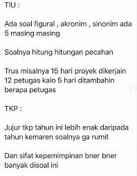 Soal tes cpns 2021 disusun kementerian pendidikan dan kebudayaan yang tergabung dalam satu tim dari beberapa perguruan tinggi, yang juga lalu, kemampuan figural mengukur kemampuan peserta dalam bernalar melalui perbandingan dua gambar, perbedaan beberapa gambar, dan pola hubungan. Bocoran Soal Tkp Twk Dan Tiu Dari Peserta Yang Sudah Ikut Tes Skd Cpns 2019 Informasi Pendidikan