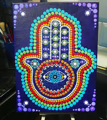 Hamsa Hand 9 X 12 Canvas On A Deep Purple Background By Suzanne Cannon Mandala Rock Art Dot Art Painting Mandala Painting