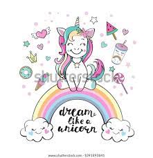 Jolie Licorne Sur Un Arc En Ciel Et Image Vectorielle De Stock Libre De Droits 1091893841