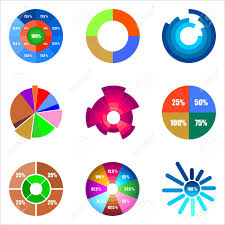 set of different pie charts of different shapes and colors in