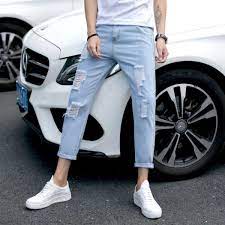 潮流夏季九分破洞ins牛仔裤男士韩版修身小脚百搭乞丐ulzzang裤子 淘宝网 grey jean jean fashion
