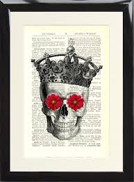 Skeleton Skull With Crown Flowers Art Print Antique Vintage Dictionary Page Flower Art Skull With Crown Vintage Dictionary