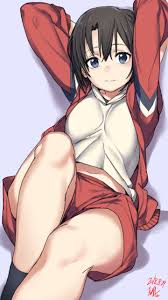 kuma (jk0073), nishimiya yuzuru, koe no katachi, highres, 1girl, 2018, arms  behind back, arms up, black hair, blue eyes, breasts, dated, female focus,  half-closed eyes, hood, hoodie, jacket, long sleeves, looking at