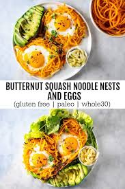 Butternut Squash Noodle Nests And Eggs Gluten Free Paleo And Whole30 Savory Lotus Recipe Butternut Squash Noodle Paleo Recipes Breakfast Savory Butternut Squash