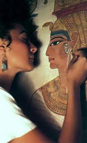 Detail of a painted carving depicts Queen Nefertari Meritmut, the first of  the Great Royal Wives of Ramesses the Great. Nefertari's face is rendered  with shading to add depth to the figure,