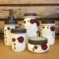 Amazon Com 5 Piece Ivory And Burgundy Vintage Style Mason Jar Vanity Set Shabby Mason Jar Bathroom Or Desk Set Vintage Mason Jar Decor Handmade