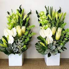 Lime And White Flowers For Church Event In Baulkham Hills Large Flower Arrangements Tropical Flower Arrangements Church Flower Arrangements